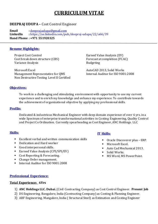 resume cost control engineer deepraj udupa 1 638