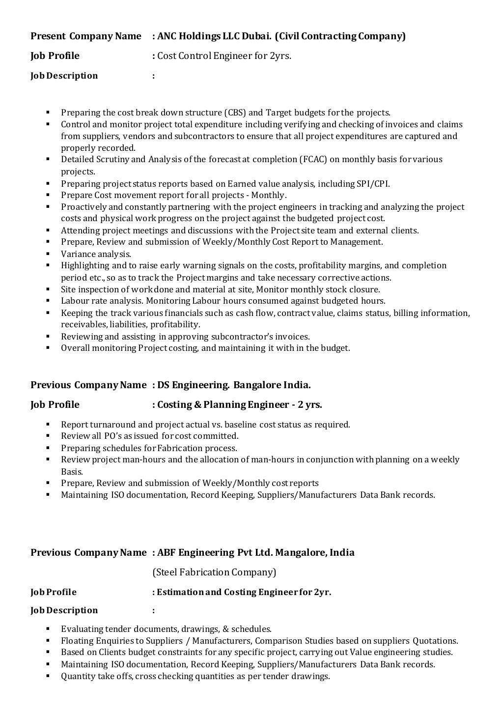 RESUME COST CONTROL ENGINEER DEEPRAJ UDUPA