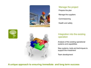 Prepare the plan
Manage the suppliers
Commissioning
Health and safety
Analysis of the existing operational
systems and capabilities
New systems, tools and techniques to
support the investment
Team development
Integration into the existing
operation
Manage the project
A unique approach to ensuring immediate and long term success
 