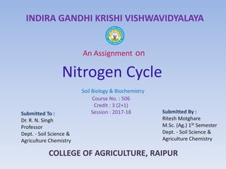 Nitrogen Cycle
INDIRA GANDHI KRISHI VISHWAVIDYALAYA
An Assignment on
Course No. : 506
Credit : 3 (2+1)
Session : 2017-18Submitted To :
Dr. R. N. Singh
Professor
Dept. - Soil Science &
Agriculture Chemistry
Submitted By :
Ritesh Motghare
M.Sc. (Ag.) 1St Semester
Dept. - Soil Science &
Agriculture Chemistry
COLLEGE OF AGRICULTURE, RAIPUR
Soil Biology & Biochemistry
 