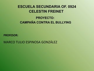 ESCUELA SECUNDARIA OF. 0924
            CELESTIN FREINET
                   PROYECTO:
            CAMPAÑA CONTRA EL BULLYING



PROFESOR:

MARCO TULIO ESPINOSA GONZÁLEZ
 