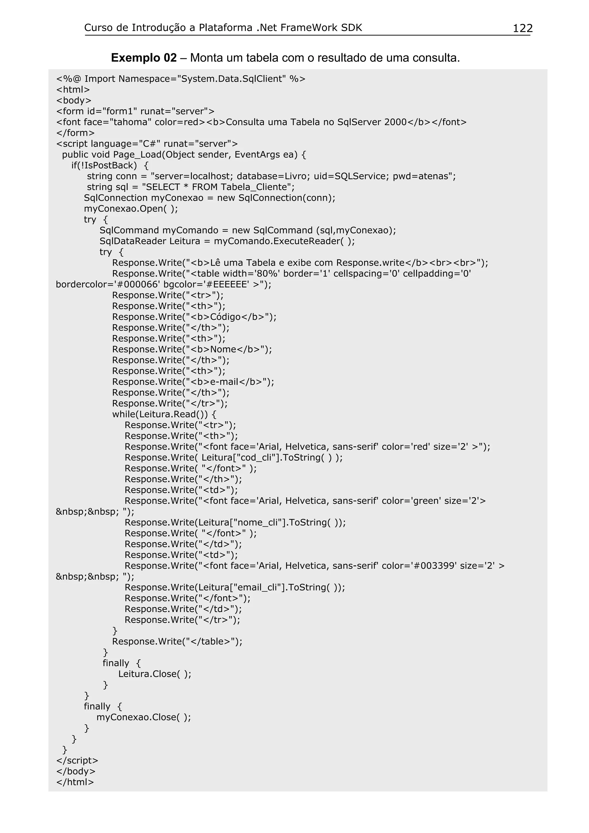 Curso de Introdução a Plataforma .Net FrameWork SDK                                                122

            Exemplo 02 – Monta um tabela com o resultado de uma consulta.
<%@ Import Namespace="System.Data.SqlClient" %>
<html>
<body>
<form id="form1" runat="server">
<font face="tahoma" color=red><b>Consulta uma Tabela no SqlServer 2000</b></font>
</form>
<script language="C#" runat="server">
 public void Page_Load(Object sender, EventArgs ea) {
   if(!IsPostBack) {
        string conn = "server=localhost; database=Livro; uid=SQLService; pwd=atenas";
        string sql = "SELECT * FROM Tabela_Cliente";
       SqlConnection myConexao = new SqlConnection(conn);
       myConexao.Open( );
       try {
           SqlCommand myComando = new SqlCommand (sql,myConexao);
           SqlDataReader Leitura = myComando.ExecuteReader( );
           try {
               Response.Write("<b>Lê uma Tabela e exibe com Response.write</b><br><br>");
               Response.Write("<table width='80%' border='1' cellspacing='0' cellpadding='0'
bordercolor='#000066' bgcolor='#EEEEEE' >");
               Response.Write("<tr>");
               Response.Write("<th>");
               Response.Write("<b>Código</b>");
               Response.Write("</th>");
               Response.Write("<th>");
               Response.Write("<b>Nome</b>");
               Response.Write("</th>");
               Response.Write("<th>");
               Response.Write("<b>e-mail</b>");
               Response.Write("</th>");
               Response.Write("</tr>");
               while(Leitura.Read()) {
                  Response.Write("<tr>");
                  Response.Write("<th>");
                  Response.Write("<font face='Arial, Helvetica, sans-serif' color='red' size='2' >");
                  Response.Write( Leitura["cod_cli"].ToString( ) );
                  Response.Write( "</font>" );
                  Response.Write("</th>");
                  Response.Write("<td>");
                  Response.Write("<font face='Arial, Helvetica, sans-serif' color='green' size='2'>
&nbsp;&nbsp; ");
                  Response.Write(Leitura["nome_cli"].ToString( ));
                  Response.Write( "</font>" );
                  Response.Write("</td>");
                  Response.Write("<td>");
                  Response.Write("<font face='Arial, Helvetica, sans-serif' color='#003399' size='2' >
&nbsp;&nbsp; ");
                  Response.Write(Leitura["email_cli"].ToString( ));
                  Response.Write("</font>");
                  Response.Write("</td>");
                  Response.Write("</tr>");
               }
               Response.Write("</table>");
            }
            finally {
                 Leitura.Close( );
            }
       }
       finally {
          myConexao.Close( );
       }
   }
 }
</script>
</body>
</html>
 