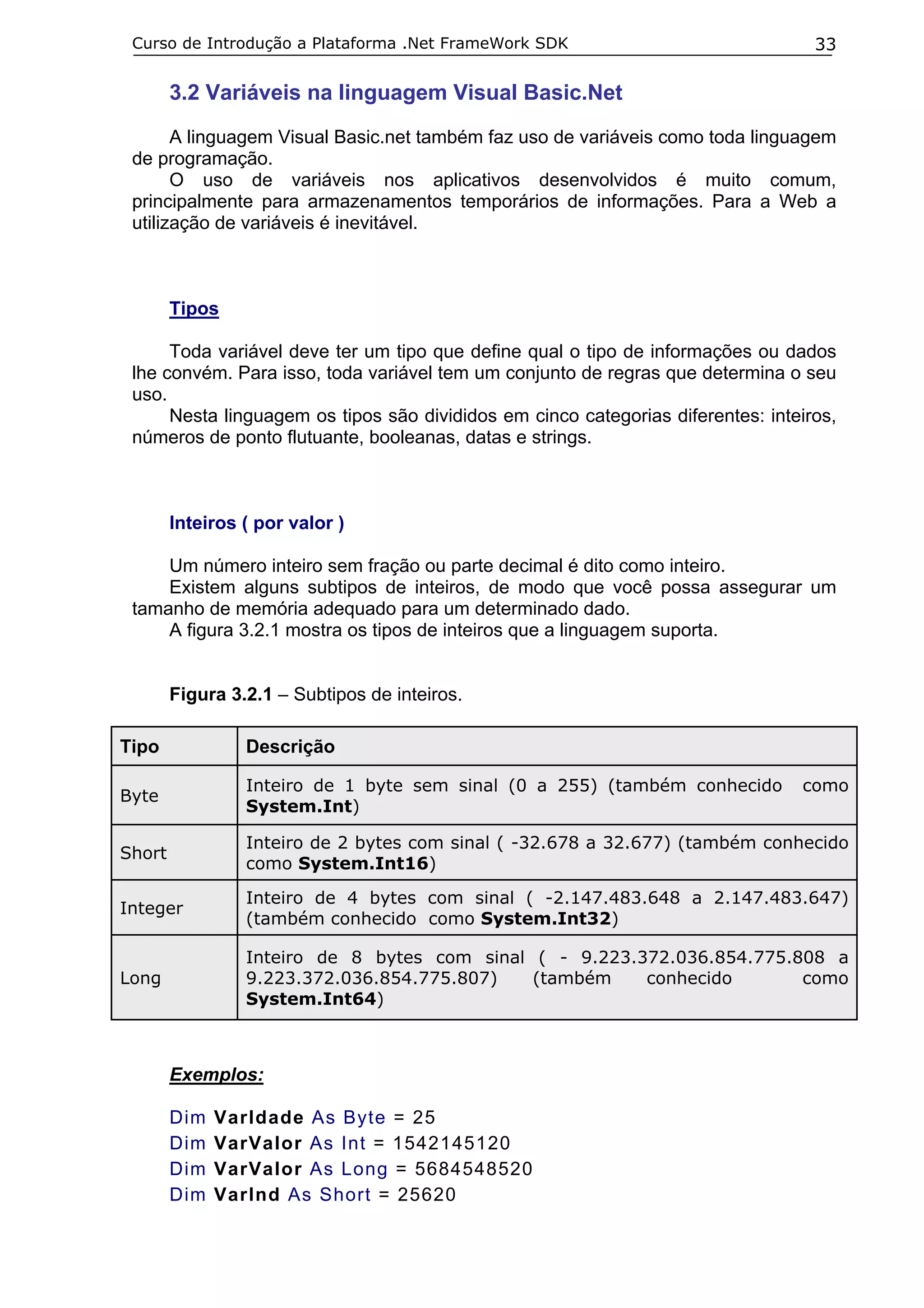 Curso de Introdução a Plataforma .Net FrameWork SDK                               33

        3.2 Variáveis na linguagem Visual Basic.Net
       A linguagem Visual Basic.net também faz uso de variáveis como toda linguagem
 de programação.
       O uso de variáveis nos aplicativos desenvolvidos é muito comum,
 principalmente para armazenamentos temporários de informações. Para a Web a
 utilização de variáveis é inevitável.



        Tipos

      Toda variável deve ter um tipo que define qual o tipo de informações ou dados
 lhe convém. Para isso, toda variável tem um conjunto de regras que determina o seu
 uso.
      Nesta linguagem os tipos são divididos em cinco categorias diferentes: inteiros,
 números de ponto flutuante, booleanas, datas e strings.



        Inteiros ( por valor )

     Um número inteiro sem fração ou parte decimal é dito como inteiro.
     Existem alguns subtipos de inteiros, de modo que você possa assegurar um
 tamanho de memória adequado para um determinado dado.
     A figura 3.2.1 mostra os tipos de inteiros que a linguagem suporta.


        Figura 3.2.1 – Subtipos de inteiros.

Tipo             Descrição

                 Inteiro de 1 byte sem sinal (0 a 255) (também conhecido         como
Byte
                 System.Int)

                 Inteiro de 2 bytes com sinal ( -32.678 a 32.677) (também conhecido
Short
                 como System.Int16)

                 Inteiro de 4 bytes com sinal ( -2.147.483.648 a 2.147.483.647)
Integer
                 (também conhecido como System.Int32)

                 Inteiro de 8 bytes com sinal ( - 9.223.372.036.854.775.808 a
Long             9.223.372.036.854.775.807)   (também    conhecido       como
                 System.Int64)



        Exemplos:

        Dim   VarIdade As Byte = 25
        Dim   VarValor As Int = 1542145120
        Dim   VarValor As Long = 5684548520
        Dim   VarInd As Short = 25620
 