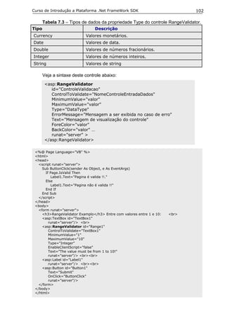 Curso de Introdução a Plataforma .Net FrameWork SDK                            102

       Tabela 7.3 – Tipos de dados da propriedade Type do controle RangeValidator.
Tipo                             Descrição
Currency                    Valores monetários.
Date                        Valores de data.
Double                      Valores de números fracionários.
Integer                     Valores de números inteiros.
String                      Valores de string

       Veja a sintaxe deste controle abaixo:
       <asp:RangeValidator
          id="ControleValidacao"
          ControlToValidate="NomeControleEntradaDados"
          MinimumValue="valor"
          MaximumValue="valor"
          Type="DataType"
          ErrorMessage="Mensagem a ser exibida no caso de erro"
          Text="Mensagem de visualização do controle"
          ForeColor="valor"
          BackColor="valor" …
          runat="server" >
       </asp:RangeValidator>

 <%@ Page Language="VB" %>
 <html>
 <head>
   <script runat="server">
     Sub ButtonClick(sender As Object, e As EventArgs)
       If Page.IsValid Then
          Label1.Text="Pagina é valida !!."
       Else
          Label1.Text="Pagina não é valida !!"
       End If
     End Sub
   </script>
 </head>
 <body>
   <form runat="server">
     <h3>RangeValidator Examplo</h3> Entre com valores entre 1 e 10:   <br>
     <asp:TextBox id="TextBox1"
         runat="server"/> <br>
     <asp:RangeValidator id="Range1"
         ControlToValidate="TextBox1"
         MinimumValue="1"
         MaximumValue="10"
         Type="Integer"
         EnableClientScript="false"
         Text="The value must be from 1 to 10!"
         runat="server"/> <br><br>
     <asp:Label id="Label1"
         runat="server"/> <br><br>
     <asp:Button id="Button1"
         Text="Submit"
         OnClick="ButtonClick"
         runat="server"/>
   </form>
 </body>
 </html>
 