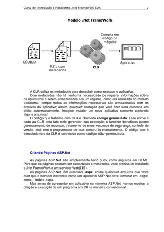 Curso de Introdução a Plataforma .Net FrameWork SDK                             7



                            Modelo .Net FrameWork



                                                      Compila em
                                                       código de
                                                       máquina




CÓDIGO                                                             Aplicativo
                MSIL com                     CLS
                metadados




     A CLR utiliza os metadados para descobrir como executar o aplicativo.
     Com metadados não há nenhuma necessidade de requerer informações sobre
os aplicativos a serem armazenados em um registro, como era realizado no modelo
tradicional, porque todas as informações necessárias são armazenadas com os
arquivos do aplicativo; assim, qualquer alteração que você fizer será colocada em
efeito automaticamente. Imagine instalar um novo aplicativo somente copiando
alguns arquivos!
     O código que trabalha com CLR é chamado código gerenciado. Esse nome é
dado ao CLR pelo fato dele gerenciar sua execução e fornecer benefícios (como
gerenciamento de recursos, tratamento de erros, recursos de segurança, controle de
versão, etc) sem o programador ter que construí-lo manualmente. O código que é
executado fora da CLR é conhecido como código não-gerenciado.




    Criando Páginas ASP.Net

     As páginas ASP.Net são simplesmente texto puro, como arquivos em HTML.
Para que as páginas possam ser executadas e mostradas, você precisa ter instalado
o .Net FrameWork e um servidor Web(IIS).
     As páginas ASP.Net têm extensão .aspx, então quaisquer arquivos que você
quer que o servidor interprete como um aplicativo ASP.Net deve terminar em .aspx,
como – index.aspx.
     Mas antes de apresentar um aplicativo na maneira ASP.Net, vamos mostrar a
criação e execução de um programa em C# na maneira convencional.
 
