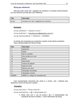 Curso de Introdução a Plataforma .Net FrameWork SDK                                21

     String (por referência)

     Este tipo pode conter até 1 gigabyte de caractere e é alocado dinamicamente,
por isso dizemos que este tipo é por referência.


Tipo               Descrição
string             Unicode com até 1 gigabyte de caractere.



     Exemplos:

     string VarNome = “Claudio Junior”;
     string VarEmail = “claudiojunior@estadao.com.br”;
     string VarConcatenar = VarNome + VarEMail;


     As strings são compostas por caracteres e podem conter literais caracteres.
     Veja a representação dos literais strings:

Tipo               Descrição
’                 Apóstrofo
”                 Aspas
                 Barra invertida
0                 Zero binário ou nulo
a                 Alerta
b                 Retrocesso
f                 Avanço de página
n                 Salto de linha
r                 Retorno de carro
t                 Tabulação horizontal
v                 Tabulação vertical
uNNNN             NNNN é o código em hexadecimal



    Uma representação importante das string é a arroba ( @ ), utilizada para
especificar nomes de arquivos e pastas.

       Exemplos:

     string VarLinha = “Pula Linha n”;
     string VarCaminho = @”c:tempoledb.txt”;
                Neste caso com o uso da arroba ( @ ) a representação dos
                caracteres de barra invertida (  ) não é feita dentro da string.
 