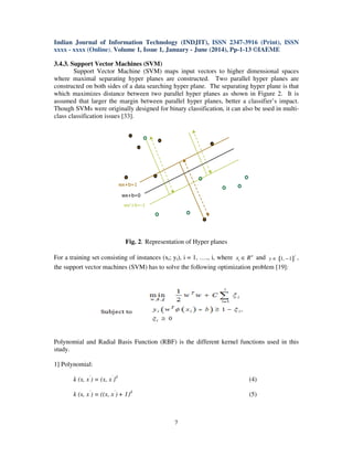 Indian Journal of Information Technology (INDJIT), ISSN 2347-3916 (Print), ISSN
xxxx - xxxx (Online), Volume 1, Issue 1, January - June (2014), Pp-1-13 ©IAEME
7
3.4.3. Support Vector Machines (SVM)
Support Vector Machine (SVM) maps input vectors to higher dimensional spaces
where maximal separating hyper planes are constructed. Two parallel hyper planes are
constructed on both sides of a data searching hyper plane. The separating hyper plane is that
which maximizes distance between two parallel hyper planes as shown in Figure 2. It is
assumed that larger the margin between parallel hyper planes, better a classifier’s impact.
Though SVMs were originally designed for binary classification, it can also be used in multi-
class classification issues [33].
Fig. 2. Representation of Hyper planes
For a training set consisting of instances (xi; yi), i = 1, …., i, where n
ix R∈ and { }1, 1
l
y ∈ − ,
the support vector machines (SVM) has to solve the following optimization problem [19]:
Polynomial and Radial Basis Function (RBF) is the different kernel functions used in this
study.
1] Polynomial:
k (x, x’
) = (x, x’
)d
(4)
k (x, x’
) = ((x, x’
) + 1)d
(5)
wx+b=1
wx+b=0
wx’+b=-1
 