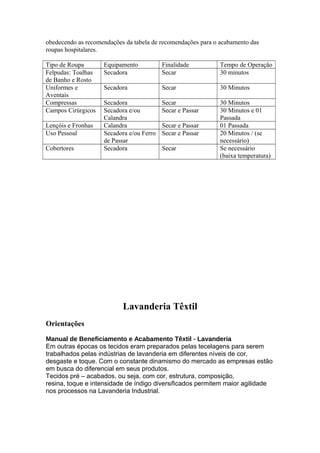 obedecendo as recomendações da tabela de recomendações para o acabamento das
roupas hospitalares.
Tipo de Roupa Equipamento Finalidade Tempo de Operação
Felpudas: Toalhas
de Banho e Rosto
Secadora Secar 30 minutos
Uniformes e
Aventais
Secadora Secar 30 Minutos
Compressas Secadora Secar 30 Minutos
Campos Cirúrgicos Secadora e/ou
Calandra
Secar e Passar 30 Minutos e 01
Passada
Lençóis e Fronhas Calandra Secar e Passar 01 Passada
Uso Pessoal Secadora e/ou Ferro
de Passar
Secar e Passar 20 Minutos / (se
necessário)
Cobertores Secadora Secar Se necessário
(baixa temperatura)
Lavanderia Têxtil
Orientações
Manual de Beneficiamento e Acabamento Têxtil - Lavanderia
Em outras épocas os tecidos eram preparados pelas tecelagens para serem
trabalhados pelas indústrias de lavanderia em diferentes níveis de cor,
desgaste e toque. Com o constante dinamismo do mercado as empresas estão
em busca do diferencial em seus produtos.
Tecidos pré – acabados, ou seja, com cor, estrutura, composição,
resina, toque e intensidade de índigo diversificados permitem maior agilidade
nos processos na Lavanderia Industrial.
 