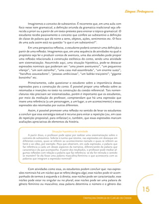 Orientações Didáticas do Currículo da Cidade
15
Língua Portuguesa
Imaginemos o conceito de substantivo. É recorrente que, em uma aula com
foco nesse item gramatical, a definição oriunda da gramatica tradicional seja ofe-
recida a priori ou a partir de um texto-pretexto para ensinar o tópico-gramatical. O
estudante recebe passivamente o conceito que confere ao substantivo a definição
de classe de palavra que dá nome a seres, objetos, ações, sentimentos etc. O foco
de uma aula assim está na questão “o que é um substantivo?”.
Em uma perspectiva reflexiva, o estudante poderá construir uma definição a
partir de uma reflexão. Imaginemos que, em uma sequência de atividades na qual o
propósito seja ler e produzir contos de aventura, uma das atividades pode propor
uma reflexão relacionada à construção estilística do conto, sendo uma atividade
sem sistematização. Assumindo aqui, uma situação hipotética, pode-se destacar
expressões nominais que poderiam ser: “uma jovem aventureira”, “um pequenino
vilarejo”, “um som estranho”, “uma casa mal-assombrada”, “um enorme susto”,
“barulhos assustadores”, “pessoas ambiciosas”, “um ladrão traiçoeiro”; “gigante
bonzinho” etc.
Primeiramente, cabe questionar o estudante sobre a importância dessas
expressões para a construção do conto. É possível propor uma reflexão sobre as
retomadas e inserções no texto na construção da coesão referencial. Tais nomen-
claturas não precisam ser sistematizadas, porém é importante que os estudantes,
por meio da mediação do professor, compreendam que há uma expressão que
insere uma referência (a um personagem, a um lugar, a um acontecimento) e essas
expressões são retomadas por outras diferentes.
Assim, é possível promover uma reflexão no sentido de levar os estudantes
a concluir que essa estratégia textual é recurso para evitar a repetição (ou, em caso
de repetição proposital, para enfatizar) e, também, que essas expressões marcam
avaliações apreciativas de elementos da história.
Situação hipotética de atividade
A partir disso, o professor pode optar por realizar uma sistematização sobre o
conceito de substantivo. Solicite à turma que retome, nas expressões em destaque em
diferentes contos, quais se referem ao acontecimento narrado e quais se referem ao
herói e ao vilão, por exemplo. Peça que observem, em cada expressão, a palavra que
faz referência a cada um desses aspectos da narrativa, diferenciando da palavra que
caracteriza e da que acompanha. A partir dos resultados, o professor pode mediar al-
gumas reflexões com relação a palavra que faz referência: se ela for retirada o sentido
se mantém? Se ela fosse uma palavra masculina/feminina o que aconteceria com as
palavras que integram a expressão nominal?
Com atividades como essa, os estudantes podem concluir que: nas expres-
sões nominais há um núcleo que se refere/designa algo; esse núcleo pode vir acom-
panhado de termos à esquerda e à direita; esse núcleo pode ser caracterizado; esse
núcleo pode estar no singular ou no plural; esse núcleo pode ser uma palavra de
gênero feminino ou masculino; essa palavra determina o número e o gênero das
 