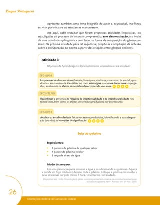 Orientações Didáticas do Currículo da Cidade
26
Língua Portuguesa
Apresente, também, uma breve biografia do autor e, se possível, leve livros
escritos por ele para os estudantes manusearem.
Até aqui, cabe ressaltar que foram propostas atividades linguísticas, ou
seja, ligadas ao processo de leitura e compreensão, sem sistematização, e o início
de uma atividade epilinguística com foco na forma de composição do gênero po-
ético. Na próxima atividade para tal sequência, propõe-se a ampliação da reflexão
sobre a estruturação do poema a partir das relações entre gêneros distintos.
Atividade 3
Objetivos de Aprendizagem e Desenvolvimento vinculados a esta atividade:
EF04LP04
Ler poemas de diversos tipos (haicais, limeriques, cinéticos, concretos, de cordel, qua-
drinhas, entre outros) e identificar no texto estratégias e recursos discursivos emprega-
dos, analisando os efeitos de sentidos decorrentes de seus usos.
EFCINTLP08
Reconhecer a presença de relações de intertextualidade e de interdiscursividade nos
textos lidos, bem como os efeitos de sentidos produzidos por esse recurso.
EF04LP31
Analisar as escolhas lexicais feitas nos textos produzidos, identificando a sua adequa-
ção (ou não) às intenções de significação.
Bala de gelatina
Ingredientes:
y
y 3 pacotes de gelatina de qualquer sabor
y
y 1 pacote de gelatina incolor
y
y 1 terço de xícara de água
Modo de preparo:
Em uma panela pequena coloque a água e vá adicionando as gelatinas. Aqueça
a panela em fogo médio até derreter toda a gelatina. Coloque a gelatina nos moldes e
deixe descansar por pelo menos 1 hora. Desenforme com cuidado.
Disponível em: <http://mundogloob.globo.com/programas/tem-crianca-na-cozinha/receitas/recei-
ta-bala-de-gelatina.htm>. Acesso em: 01 nov. 2015.
C D
G A
C D
G A
 