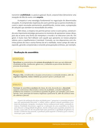 Orientações Didáticas do Currículo da Cidade
51
Língua Portuguesa
transmitir credibilidade e a postura gestual, facial, corporal deve demonstrar uma
recepção da fala do outro com empatia.
A empatia é uma estratégia fundamental na negociação de determinadas
situações. A compreensão respeitosa do outro permite que as partes envolvidas es-
cutem e sejam escutadas atentamente, possibilitando, muitas vezes, a proposição
de soluções que atendam às necessidades de ambas.
Além disso, a empatia nos permite pensar como o outro pensa, constituin-
do uma importante estratégia persuasiva no momento de apresentar nossas ideias,
pois ela se torna uma forma de interpretar o mundo e se relacionar com ele. Em
geral, é muito mais fácil debater com aquele que apresenta os nossos próprios
valores, pois o espelhamento é inevitável. Contudo, ao nos depararmos com dis-
tintos pontos de vista e outras formas de ver a realidade, nosso campo de visão se
expande, gerando compreensão e evitando pressuposições errôneas, por exemplo.
Realização da assembleia
EFCINTLP29
Reconhecer as características do contexto de produção do texto que será elaborado
(finalidade da fala, interlocutor, gênero etc.), utilizando-as para tomar decisões no
processo de produção.
EFCINTLP31
Planejar a fala, considerando a situação comunicativa e o conteúdo temático, além de
organizar esquemas, notas e roteiros que possam apoiar a produção oral.
EF06LP24
Participar de assembleias escolares (de classe, de ciclo, da escola etc.), discutindo
aspectos controversos relacionados a temas da atualidade, a estudos realizados, a
problemas do cotidiano e à convivência (questões de gênero, por exemplo), para emitir
opinião, ouvir, participar de maneira respeitosa e posicionar-se, além de construir sínte-
ses coletivas e parciais.
A partir da realização de várias atividades para “ pesquisar o conteúdo temático
que será apresentado/discutido” e refletir sobre o gênero textual assembleia (con-
texto de produção, recepção, circulação; forma composicional, estilo, conteúdo te-
mático; finalidade discursiva), sugere-se a realização de uma assembleia na classe
para discutir a desigualdade de gênero, dando enfoque para questões presentes na
escola: o que cada um de nós pode fazer para promover a igualdade de gêneros na
escola? Conforme seja possível, o professor pode expandir a temática para o bairro,
município, país, mundo.
 