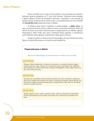 Orientações Didáticas do Currículo da Cidade
52
Língua Portuguesa
Outra atividade com o texto oral vinculada a uma produção por aprofun-
damento pode ser proposta no 7º ano, Ciclo Autoral. Tomamos como exemplo
o gênero debate. O foco da atividade é estimular o estudante a uma tomada de
posição diante da leitura de um texto escrito, a ser apresentada em uma atividade
de intercâmbio oral preparatória para o debate.
O enfoque dessa parte é mobilizar a responsividade, a réplica ativa, ou
seja, um posicionamento crítico, reflexivo e ético, construído oralmente, diante da
leitura de textos com temas relevantes para a preparação de um debate regrado.
Pressupõe-se, desse modo, que, para a realização dessa sugestão, o estudante já
tenha refletido sobre algumas características desse gênero textual.
A seguir, propõe-se a leitura de uma reportagem de capa retirada da revista
Época, da qual selecionamos um excerto para exemplificar.
Preparação para o debate
Objetivos de Aprendizagem e Desenvolvimento vinculados a esta atividade:
EFCAUTLP38
Planejar a fala considerando a situação comunicativa; o conteúdo temático; organi-
zando esquemas, notas, roteiros, etc. que possam apoiar a produção oral, utilizando
apresentações com slides multimodais, exibição de fotografias, vídeos, depoimentos ao
vivo, entre outros recursos.
EFCAUTLP40
Participar de intercâmbio oral do cotidiano escolar, tais como seminários e apresenta-
ções orais a respeito dos assuntos em estudo; ouvindo com atenção, intervindo sem sair
do assunto tratado, formulando perguntas ou respondendo a elas, além de manifestar,
justificar e acolher opiniões.
EFCAUTLP41
Realizar registros como: notas, esquemas, fotos, vídeos em situação de intercâmbio
orais de que participa como ouvinte, de acordo com o interesse e/ou relevância do
tema.
 