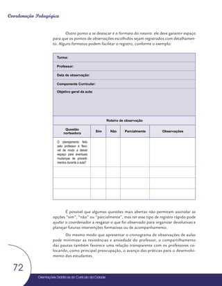 Orientações Didáticas do Currículo da Cidade
72
Coordenação Pedagógica
Outro ponto a se destacar é o formato do roteiro: ele deve garantir espaço
para que os pontos de observações escolhidos sejam registrados com detalhamen-
to. Alguns formatos podem facilitar o registro, conforme o exemplo:
Turma:
Professor:
Data de observação:
Componente Curricular:
Objetivo geral da aula:
Roteiro de observação
Questão
norteadora
Sim Não Parcialmente Observações
O planejamento feito
pelo professor é flexí-
vel de modo a deixar
espaço para eventuais
mudanças de procedi-
mentos durante a aula?
É possível que algumas questões mais abertas não permitam assinalar as
opções “sim”, “não” ou “parcialmente”, mas ter esse tipo de registro rápido pode
ajudar o coordenador a resgatar o que foi observado para organizar devolutivas e
planejar futuras intervenções formativas ou de acompanhamento.
Do mesmo modo que apresentar o cronograma de observações de aulas
pode minimizar as resistências e ansiedade do professor, o compartilhamento
das pautas também favorece uma relação transparente com os professores co-
locando, como principal preocupação, o avanço das práticas para o desenvolvi-
mento dos estudantes.
 