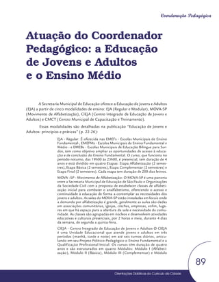 Orientações Didáticas do Currículo da Cidade
89
Coordenação Pedagógica
Atuação do Coordenador
Pedagógico: a Educação
de Jovens e Adultos
e o Ensino Médio
A Secretaria Municipal de Educação oferece a Educação de Jovens e Adultos
(EJA) a partir de cinco modalidades de ensino: EJA (Regular e Modular), MOVA-SP
(Movimento de Alfabetização), CIEJA (Centro Integrado de Educação de Jovens e
Adultos) e CMCT (Centro Municipal de Capacitação e Treinamento).
Essas modalidades são detalhadas na publicação “Educação de Jovens e
Adultos: princípios e práticas” (p. 22-26):
EJA - Regular: É oferecida nas EMEFs - Escolas Municipais de Ensino
Fundamental-, EMEFMs - Escolas Municipais de Ensino Fundamental e
Médio - e EMEBs - Escolas Municipais de Educação Bilíngue para Sur-
dos, tem como objetivo ampliar as oportunidades de acesso à educa-
ção e de conclusão do Ensino Fundamental. O curso, que funciona no
período noturno, das 19h00 às 23h00, é presencial, tem duração de 4
anos e está dividido em quatro Etapas: Etapa Alfabetização (2 semes-
tres), Etapa Básica (2 semestres), Etapa Complementar (2 semestres) e
Etapa Final (2 semestres). Cada etapa tem duração de 200 dias letivos.
MOVA –SP - Movimento de Alfabetização: O MOVA-SP é uma parceria
entre a Secretaria Municipal de Educação de São Paulo e Organizações
da Sociedade Civil com a proposta de estabelecer classes de alfabeti-
zação inicial para combater o analfabetismo, oferecendo o acesso e
continuidade à educação de forma a contemplar as necessidades dos
jovens e adultos. As salas do MOVA-SP estão instaladas em locais onde
a demanda por alfabetização é grande, geralmente as aulas são dadas
em associações comunitárias, igrejas, creches, empresas, enfim, luga-
res em que há espaço para a abertura da sala e necessidade da comu-
nidade. As classes são agrupadas em núcleos e desenvolvem atividades
educativas e culturais presenciais, por 2 horas e meia, durante 4 dias
da semana, de segunda a quinta-feira.
CIEJA - Centro Integrado de Educação de Jovens e Adultos O CIEJA
é uma Unidade Educacional que atende jovens e adultos em três
períodos (manhã, tarde e noite) em até seis turnos diários, articu-
lando em seu Projeto Político-Pedagógico o Ensino Fundamental e a
Qualificação Profissional Inicial. Os cursos têm duração de quatro
anos e são estruturados em quatro Módulos: Módulo I (Alfabeti-
zação), Módulo II (Básica), Módulo III (Complementar) e Módulo
 