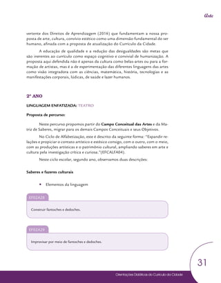 Orientações Didáticas do Currículo da Cidade
31
Arte
vertente dos Direitos de Aprendizagem (2016) que fundamentam a nossa pro-
posta de arte, cultura, convívio estético como uma dimensão fundamental do ser
humano, afinada com a proposta de atualização do Currículo da Cidade.
A educação de qualidade e a redução das desigualdades são metas que
são inerentes ao currículo como espaço cognitivo e convivial de humanização. A
proposta aqui defendida não é apenas da cultura como belas-artes ou para a for-
mação de artistas, mas é a de experimentação das diferentes linguagens das artes
como visão integradora com as ciências, matemática, história, tecnologias e as
manifestações corporais, lúdicas, de saúde e lazer humanos.
2º ANO
LINGUAGEM ENFATIZADA: TEATRO
Proposta de percurso:
Neste percurso propomos partir do Campo Conceitual das Artes e da Ma-
triz de Saberes, migrar para os demais Campos Conceituais e seus Objetivos.
No Ciclo de Alfabetização, este é descrito da seguinte forma: “Expandir re-
lações e propiciar o contato artístico e estésico consigo, com o outro, com o meio,
com as produções artísticas e o patrimônio cultural, ampliando saberes em arte e
cultura pela investigação crítica e curiosa.”(EFCALFA04).
Neste ciclo escolar, segundo ano, observamos duas descrições:
Saberes e fazeres culturais
y
y Elementos da linguagem
EF02A28
Construir fantoches e dedoches.
EF02A29
Improvisar por meio de fantoches e dedoches.
 