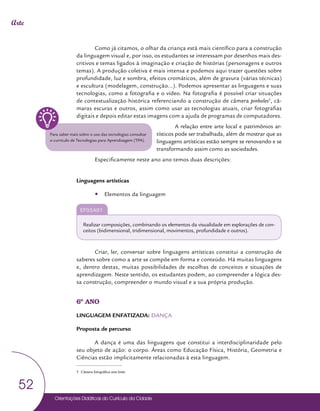 Orientações Didáticas do Currículo da Cidade
52
Arte
Como já citamos, o olhar da criança está mais científico para a construção
da linguagem visual e, por isso, os estudantes se interessam por desenhos mais des-
critivos e temas ligados à imaginação e criação de histórias (personagens e outros
temas). A produção coletiva é mais intensa e podemos aqui trazer questões sobre
profundidade, luz e sombra, efeitos cromáticos, além de gravura (várias técnicas)
e escultura (modelagem, construção...). Podemos apresentar as linguagens e suas
tecnologias, como a fotografia e o vídeo. Na fotografia é possível criar situações
de contextualização histórica referenciando a construção de câmera pinholes5
, câ-
maras escuras e outros, assim como usar as tecnologias atuais, criar fotografias
digitais e depois editar estas imagens com a ajuda de programas de computadores.
A relação entre arte local e patrimônios ar-
tísticos pode ser trabalhada, além de mostrar que as
linguagens artísticas estão sempre se renovando e se
transformando assim como as sociedades.
Especificamente neste ano ano temos duas descrições:
Linguagens artísticas
y
y Elementos da linguagem
EF05A01
Realizar composições, combinando os elementos da visualidade em explorações de con-
ceitos (bidimensional, tridimensional, movimentos, profundidade e outros).
Criar, ler, conversar sobre linguagens artísticas constitui a construção de
saberes sobre como a arte se compõe em forma e conteúdo. Há muitas linguagens
e, dentro destas, muitas possibilidades de escolhas de conceitos e situações de
aprendizagem. Neste sentido, os estudantes podem, ao compreender a lógica des-
sa construção, compreender o mundo visual e a sua própria produção.
6º ANO
LINGUAGEM ENFATIZADA: DANÇA
Proposta de percurso
A dança é uma das linguagens que constitui a interdisciplinaridade pelo
seu objeto de ação: o corpo. Áreas como Educação Física, História, Geometria e
Ciências estão implicitamente relacionadas à esta linguagem.
5 Câmera fotográfica sem lente
Para saber mais sobre o uso das tecnologias consultar
o currículo de Tecnologias para Aprendizagem (TPA).
 