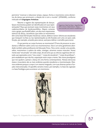 Orientações Didáticas do Currículo da Cidade
57
Arte
permitirá “vivenciar e relacionar tempo, espaço, forma e movimento como elemen-
tos da dança que promovem a relação de si com o mundo” (EF06A08), conforme
indicado em Linguagens Artísticas.
Retome o registro das representações de danças.
Quais movimentos podem ser identificados em suas repre-
sentações? Peça que escrevam esses movimentos em seus
cadernos/diários de bordo/portfólios. Depois comente
com o grupo, que Rudolf Laban, um dos mais importantes
teóricos da dança, reconheceu que todos os movimentos
têm como base três funções mecânicas: esticar, dobrar e torcer. Solicite aos estudantes
que marquem na lista ou nas representações as três funções com uma cor para cada
função, por exemplo, amarelo para esticar, azul para dobrar e vermelho para torcer.
O que permite ao corpo humano se movimentar? É hora de provocar os estu-
dantes a refletirem sobre como nos movimentamos. Este é um tema geralmente abor-
dado também pelos professores de Educação Física. Para correr, escalar uma parede,
saltar, movimentar a cadeira de rodas, mastigar, ativamos nossos músculos. Nossa
mente está “encarnada” em todo corpo, de tal sorte que as ciências cognitivas têm evi-
tado usar expressões como “meu corpo”, “corpo do estudante”, “corpo do professor”,
pois estabelecem que não há a separação entre corpo e mente. São novos paradigmas
que nos ajudam a pensar a dança de uma forma contemporânea. Nossas estruturas
óssea e musculares são as mais evidentes quando estudamos a movimentação. Dize-
mos evidentes porque o corpo é um sistema integrado, com suas diversas partes e fun-
ções interconectadas. O aparelho sensório motor, por exemplo, é a base da cognição
e a base fisiológica para acontecer um movimento.
Figura 16 – Esquema de um esqueleto humano do Dicionário Webster de aprox. 1900.
Sugerimos: Dead Can Dance - Song of the Stars
(Pina version), disponível em: <https://
www.youtube.com/watch?v=Ys5xfdn5rlo>.
Imagem:
Wikimedia
Commons
 