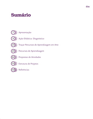 Orientações Didáticas do Currículo da Cidade
5
Arte
7
9
23
25
84
113
117
Apresentação		
Ação Didática: Diagnóstico		
Traçar Percursos de Aprendizagem em Arte
Percursos de Aprendizagem
Propostas de Atividades
Estrutura de Projetos
Referências
		
		
		
		
		
		
Sumário
 