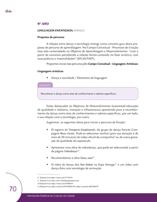 Orientações Didáticas do Currículo da Cidade
70
Arte
8º ANO
LINGUAGEM ENFATIZADA: DANÇA
Proposta de percurso
A relação entre dança e tecnologia emerge como conceito guia desta pro-
posta de percurso de aprendizagem. No Campo Conceitual - Processos de Criação
essa está contemplada no Objetivo de Aprendizagem e Desenvolvimento: “criar a
partir de conceitos percebendo a relação forma-conteúdo no fazer artístico, com
suas poéticas e materialidades” (EFCAUTA07).
Propomos iniciar este percurso pelo Campo Conceitual - Linguagens Artísticas:
Linguagens artísticas
y
y Dança e sociedade / Elementos da linguagem
EF08A07
Reconhecer a dança como área de conhecimento e saberes específicos.
Estão destacados os Objetivos de Desenvolvimento Sustentável educação
de qualidade e indústria, inovação e infraestrutura apontando para o reconheci-
mento da dança como área de conhecimentos e saberes específicos, por um lado,
e sua relação com a tecnologia, por outro.
Sugerimos as seguintes obras para iniciar o percurso de fruição:
y
y O registro de Transports Exceptionnels, do grupo de dança francês Com-
pagnie Beau Geste. Pode-se selecionar trechos (pois sua duração é de
mais de 20 minutos) do vídeo oficial da companhia8
ou de outra grava-
ção de qualidade do espetáculo.
y
y Apresentar uma obra de videodança, que pode ser selecionada a partir
da página Videodança+9
.
y
y Recomendamos a obra Duas, uma10
.
y
y O vídeo de dança dos Nao Robots na Expo Shangai11
e um vídeo com
dança feita com tecnologia de animação.
8 Disponível em https://vimeo.com/51754510
9 Disponível em: http://www.videodançapesquisa.com/
10 Disponível em: https://vimeo.com/39446634
11 Disponível em: https://youtu.be/4t1NWH6G1f0 e https://youtu.be/4dilUbkP-PI
 