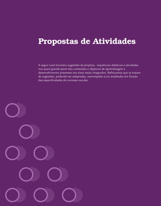 Propostas de Atividades
A seguir você encontra sugestões de projetos, sequências didáticas e atividades
nos quais grande parte dos conteúdos e objetivos de aprendizagem e
desenvolvimento presentes nos eixos estão integrados. Reforçamos que se tratam
de sugestões, podendo ser adaptadas, rearranjadas e/ou ampliadas em função
das especificidades do contexto escolar.
 