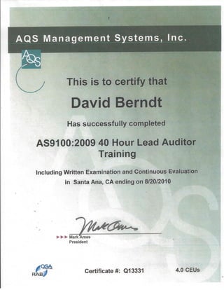 AS9100 Certificate 2009