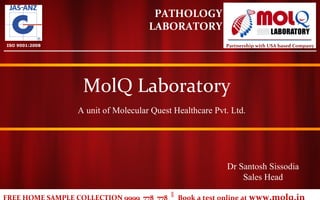ISO 9001:2008
PATHOLOGY
LABORATORY
MolQ Laboratory
Dr Santosh Sissodia
Sales Head
Partnership with USA based Company
A unit of Molecular Quest Healthcare Pvt. Ltd.
 