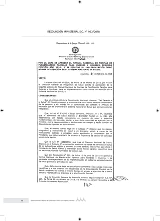 10 Manual Nacional de Normas de Planificación Familiar para mujeres y hombres
RESOLUCIÓN MINISTERIAL S.G. N° 062/2018
 