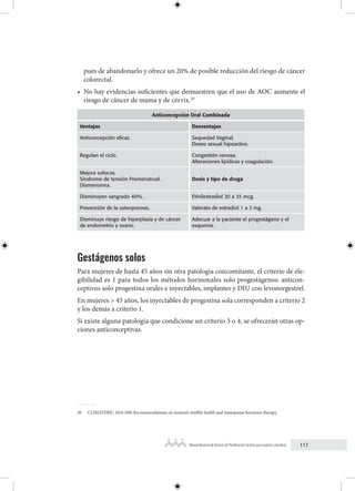 117
Manual Nacional de Normas de Planificación Familiar para mujeres y hombres
pués de abandonarlo y ofrece un 20% de posible reducción del riesgo de cáncer
colorectal.
• No hay evidencias suficientes que demuestren que el uso de AOC aumente el
riesgo de cáncer de mama y de cérvix.20
Anticoncepción Oral Combinada
Ventajas Desventajas
Anticoncepción eficaz. Sequedad Vaginal.
Deseo sexual hipoactivo.
Regulan el ciclo. Congestión venosa.
Alteraciones lipídicas y coagulación.
Mejora sofocos.
Síndrome de tensión Premenstrual.
Dismenorrea.
Dosis y tipo de droga
Disminuyen sangrado 40%. Etinilestradiol 20 a 35 mcg.
Prevención de la osteoporosis. Valerato de estradiol 1 a 3 mg.
Disminuye riesgo de hiperplasia y de cáncer
de endometrio y ovario.
Adecuar a la paciente el progestágeno y el
esquema.
Gestágenos solos
Para mujeres de hasta 45 años sin otra patología concomitante, el criterio de ele-
gibilidad es 1 para todos los métodos hormonales solo progestágenos: anticon-
ceptivos solo progestina orales e inyectables, implantes y DIU con levonorgestrel.
En mujeres > 45 años, los inyectables de progestina sola corresponden a criterio 2
y los demás a criterio 1.
Si existe alguna patología que condicione un criterio 3 o 4, se ofrecerán otras op-
ciones anticonceptivas.
20 CLIMATERIC 2016 IMS Recommendations on women’s midlife health and menopause hormone therapy.
 