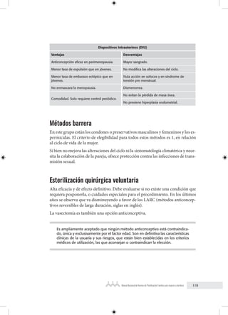 119
Manual Nacional de Normas de Planificación Familiar para mujeres y hombres
Dispositivos Intrauterinos (DIU)
Ventajas Desventajas
Anticoncepción eficaz en perimenopausia. Mayor sangrado.
Menor tasa de expulsión que en jóvenes. No modifica las alteraciones del ciclo.
Menor tasa de embarazo ectópico que en
jóvenes.
Nula acción en sofocos y en síndrome de
tensión pre menstrual.
No enmascara la menopausia. Dismenorrea.
Comodidad. Solo requiere control periódico.
No evitan la pérdida de masa ósea.
No previene hiperplasia endometrial.
Métodos barrera
En este grupo están los condones o preservativos masculinos y femeninos y los es-
permicidas. El criterio de elegibilidad para todos estos métodos es 1, en relación
al ciclo de vida de la mujer.
Si bien no mejora las alteraciones del ciclo ni la sintomatología climatérica y nece-
sita la colaboración de la pareja, ofrece protección contra las infecciones de trans-
misión sexual.
Esterilización quirúrgica voluntaria
Alta eficacia y de efecto definitivo. Debe evaluarse si no existe una condición que
requiera posponerla, o cuidados especiales para el procedimiento. En los últimos
años se observa que va disminuyendo a favor de los LARC (métodos anticoncep-
tivos reversibles de larga duración, siglas en inglés).
La vasectomía es también una opción anticonceptiva.
Es ampliamente aceptado que ningún método anticonceptivo está contraindica-
do, única y exclusivamente por el factor edad. Son en definitiva las características
clínicas de la usuaria y sus riesgos, que están bien establecidas en los criterios
médicos de utilización, las que aconsejan o contraindican la elección.
 