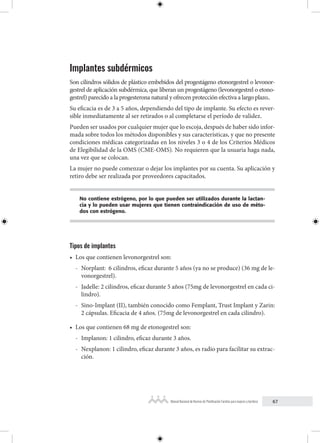 67
Manual Nacional de Normas de Planificación Familiar para mujeres y hombres
Implantes subdérmicos
Son cilindros sólidos de plástico embebidos del progestágeno etonorgestrel o levonor-
gestrel de aplicación subdérmica, que liberan un progestágeno (levonorgestrel o etono-
gestrel) parecido a la progesterona natural y ofrecen protección efectiva a largo plazo..
Su eficacia es de 3 a 5 años, dependiendo del tipo de implante. Su efecto es rever-
sible inmediatamente al ser retirados o al completarse el período de validez.
Pueden ser usados por cualquier mujer que lo escoja, después de haber sido infor-
mada sobre todos los métodos disponibles y sus características, y que no presente
condiciones médicas categorizadas en los niveles 3 o 4 de los Criterios Médicos
de Elegibilidad de la OMS (CME-OMS). No requieren que la usuaria haga nada,
una vez que se colocan.
La mujer no puede comenzar o dejar los implantes por su cuenta. Su aplicación y
retiro debe ser realizada por proveedores capacitados.
No contiene estrógeno, por lo que pueden ser utilizados durante la lactan-
cia y lo pueden usar mujeres que tienen contraindicación de uso de méto-
dos con estrógeno.
Tipos de implantes
• Los que contienen levonorgestrel son:
- Norplant: 6 cilindros, eficaz durante 5 años (ya no se produce) (36 mg de le-
vonorgestrel).
- Jadelle: 2 cilindros, eficaz durante 5 años (75mg de levonorgestrel en cada ci-
lindro).
- Sino-Implant (II), también conocido como Femplant, Trust Implant y Zarin:
2 cápsulas. Eficacia de 4 años. (75mg de levonorgestrel en cada cilindro).
• Los que contienen 68 mg de etonogestrel son:
- Implanon: 1 cilindro, eficaz durante 3 años.
- Nexplanon: 1 cilindro, eficaz durante 3 años, es radio para facilitar su extrac-
ción.
 