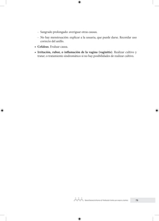 79
Manual Nacional de Normas de Planificación Familiar para mujeres y hombres
- Sangrado prolongado: averiguar otras causas.
- No hay menstruación: explicar a la usuaria, que puede darse. Recordar uso
correcto del anillo.
• Cefaleas. Evaluar causa.
• Irritación, rubor, o inflamación de la vagina (vaginitis). Realizar cultivo y
tratar; o tratamiento sindromático si no hay posibilidades de realizar cultivo.
 