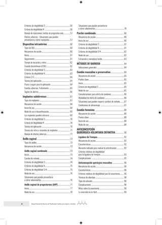 8 Manual Nacional de Normas de Planificación Familiar para mujeres y hombres
Criterios de elegibilidad 3 ...........................................................56
Criterio de elegibilidad 4 ............................................................56
Manejo de inyecciones tardías de progestina sola.................57
Efectos adversos - Situaciones que pueden
presentarse y cómo manejarlas..................................................57
Dispositivo intrauterino......................................................60
Tipos de DIU...................................................................................60
Mecanismo de acción................................................................... 60
Inicio..................................................................................................61
Seguimiento....................................................................................61
Tiempo de duración y retiro........................................................ 62
Cuando discontinuar el DIU........................................................ 62
Criterios de elegibilidad 3............................................................63
Criterios de elegibilidad 4............................................................63
Criterio 2/3....................................................................................64
Técnica de aplicación................................................................... 64
Pasos a seguir para la aplicación.............................................. 64
Eventos adversos. Tratamiento ..................................................65
Signos de alarma........................................................................... 66
Implantes subdérmicos........................................................67
Tipos de implantes.........................................................................67
Mecanismo de acción................................................................... 68
Inicio de uso................................................................................... 68
Modo de uso o discontinuación.................................................. 69
Los implantes pueden retirarse................................................. 69
Criterios de elegibilidad 3............................................................70
Criterio de elegibilidad 4 ............................................................70
Técnica de aplicación....................................................................70
Técnica de retiro o recambio de implantes .............................71
Manejo de efectos adversos........................................................71
Anillo vaginal...............................................................................73
Tipos de anillos...............................................................................73
Mecanismo de acción....................................................................73
Anillo vaginal combinado.......................................................73
Inicio..................................................................................................73
Cambio de método.........................................................................74
Criterios de elegibilidad 3............................................................74
Criterios de elegibilidad 4............................................................75
Criterios de elegibilidad 3/4.......................................................75
Modo de uso....................................................................................76
Situaciones que pueden presentarse
y cómo solucionarlas.....................................................................76
Anillo vaginal de progesterona (AVP)..............................77
Inicio..................................................................................................77
Modo de uso....................................................................................78
Situaciones que pueden presentarse
y cómo solucionarlas.....................................................................78
Parche combinado..................................................................80
Mecanismo de acción................................................................... 80
Inicio de uso................................................................................... 80
Criterios de elegibilidad 3 ...........................................................81
Criterios de elegibilidad 4............................................................81
Criterios de elegibilidad 3/4.......................................................82
Modo de uso....................................................................................82
Extracción y reemplazo tardío.....................................................83
MÉTODOS DE BARRERA ......................................................84
Indicaciones generales ............................................................... 84
Condón masculino o preservativo................................ 84
Mecanismo de acción ...................................................................85
Puntos clave....................................................................................85
Inicio..................................................................................................85
Criterio de elegibilidad 3 .............................................................85
Modo de uso ...................................................................................85
Consideraciones para oferta de condones.............................. 86
Modalidad de oferta de condones............................................. 86
Situaciones que pueden requerir cambiar de método...........87
Condiciones de almacenaje ........................................................87
Condón femenino .....................................................................88
Mecanismo de acción ...................................................................88
Puntos clave ...................................................................................88
Inicio de uso....................................................................................88
Modo de uso....................................................................................88
ANTICONCEPCIÓN
QUIRÚRGICA VOLUNTARIA DEFINITIVA..................... 90
Ligadura de Trompas............................................................... 92
Mecanismo de acción................................................................... 92
Características.............................................................................. 92
Momento indicado para realizar la esterilización.................. 92
Criterios médicos de elegibilidad
para la ligadura de trompas........................................................93
Complicaciones .............................................................................95
Anticoncepción quirúrgica masculina ........................... 96
Mecanismo de acción................................................................... 96
Características..............................................................................96
Criterios médicos de elegibilidad para la vasectomía.......... 96
Técnicas de abordaje ................................................................... 98
Tipos de oclusión........................................................................... 98
Complicaciones............................................................................. 98
Mitos sobre la vasectomía.......................................................... 99
La reversión no es fácil ............................................................... 99
 