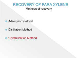 Methods of recovery
 Adsorption method
 Distillation Method
 Crystallization Method
 