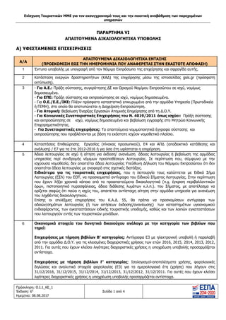 Ενίσχυση Τουριστικών ΜΜΕ για τον εκσυγχρονισμό τους και την ποιοτική αναβάθμιση των παρεχομένων
υπηρεσιών
Πρόσκληση: Ο.Ι.1_ΚΕ_1
Έκδοση: 6η
Ημερ/νια: 08.08.2017
Σελίδα 1 από 4
ΠΑΡΑΡΤΗΜΑ VI
ΑΠΑΙΤΟΥΜΕΝΑ ΔΙΚΑΙΟΛΟΓΗΤΙΚΑ ΥΠΟΒΟΛΗΣ
Α) ΥΦΙΣΤΑΜΕΝΕΣ ΕΠΙΧΕΙΡΗΣΕΙΣ
Α/Α
ΑΠΑΙΤΟΥΜΕΝΑ ΔΙΚΑΙΟΛΟΓΗΤΙΚΑ ΕΝΤΑΞΗΣ
(ΠΡΟΣΚΟΜΙΣΗ ΕΩΣ ΤΗΝ ΗΜΕΡΟΜΗΝΙΑ ΠΟΥ ΑΝΑΦΕΡΕΤΑΙ ΣΤΗΝ ΕΚΑΣΤΟΤΕ ΑΠΟΦΑΣΗ)
1 Έντυπο υποβολής με υπογραφή από τον Νόμιμο Εκπρόσωπο της επιχείρησης και σφραγίδα αυτής.
2 Κατάσταση ενεργών δραστηριοτήτων (ΚΑΔ) της επιχείρησης μέσω της ιστοσελίδας gsis.gr (πρόσφατη
εκτύπωση).
3 - Για Α.Ε.: Πράξη σύστασης, συγκρότησης ΔΣ και Ορισμού Νομίμου Εκπροσώπου σε ισχύ, νομίμως
δημοσιευμένα.
- Για ΕΠΕ: Πράξη σύστασης και εκπροσώπησης σε ισχύ, νομίμως δημοσιευμένα.
- Για Ο.Ε./Ε.Ε./ΙΚΕ: Πλέον πρόσφατο καταστατικό επικυρωμένο από την αρμόδια Υπηρεσία (Πρωτοδικείο
ή ΓΕΜΗ), στο οποίο θα αποτυπώνεται η Διαχείριση-Εκπροσώπηση.
- Για Ατομική: Βεβαίωση Έναρξης Εργασιών Ατομικής Επιχείρησης από τη Δ.Ο.Υ.
- Για Κοινωνικές Συνεταιριστικές Επιχειρήσεις του Ν. 4019/2011 όπως ισχύει: Πράξη σύστασης
και εκπροσώπησης σε ισχύ, νομίμως δημοσιευμένα και βεβαίωση εγγραφής στο Μητρώο Κοινωνικής
Επιχειρηματικότητας.
- Για Συνεταιριστικές επιχειρήσεις: Τα απαιτούμενα νομιμοποιητικά έγγραφα σύστασης και
εκπροσώπησης που προβλέπονται με βάση το εκάστοτε ισχύον νομοθετικό πλαίσιο.
4 Καταστάσεις Επιθεώρησης Εργασίας (πίνακας προσωπικού), Ε4 και ΑΠΔ (αποδεικτικό κατάθεσης και
ανάλυση) / Ε7 για τα έτη 2012-2016 ή για όσα έτη υφίσιταται η επιχείρηση.
5 Άδεια λειτουργίας σε ισχύ ή αίτηση για έκδοση/ ανανέωση άδειας λειτουργίας ή βεβαίωση της αρμόδιας
υπηρεσίας περί συνδρομής νόμιμων προϋποθέσεων λειτουργίας. Σε περίπτωση που, σύμφωνα με την
ισχύουσα νομοθεσία, δεν απαιτείται άδεια λειτουργίας Υπεύθυνη Δήλωση του Νόμιμου Εκπροσώπου ότι δεν
απαιτείται άδεια λειτουργίας με αναφορά στις σχετικές διατάξεις.
Ειδικότερα για τις τουριστικές επιχειρήσεις, που η λειτουργία τους καλύπτεται με Ειδικό Σήμα
Λειτουργίας (ΕΣΛ) του ΕΟΤ, να προσκομιστεί αντίγραφο του Ειδικού Σήματος Λειτουργίας. Στην περίπτωση
που έχουν λήξει χρονικά κάποια από τα προαπαιτούμενα δικαιολογητικά (π.χ. έγκριση περιβαλλοντικών
όρων, πιστοποιητικό πυρασφάλειας, άδεια διάθεσης λυμάτων κ.λ.π.). του Σήματος, με αποτέλεσμα να
ορίζεται σαφώς ότι παύει η ισχύς του, απαιτείται αντίστοιχη αίτηση στην αρμόδια υπηρεσία για ανανέωση
του ληχθέντος δικαιολογητικού.
Επίσης οι επιλέξιμες επιχειρήσεις του Κ.Α.Δ. 55, θα πρέπει να προσκομίσουν αντίγραφα των
αδειών/σημάτων λειτουργίας (ή των αιτήσεων έκδοσης/ανανέωσης) των καταστημάτων υγειονομικού
ενδιαφέροντος, των εγκαταστάσεων ειδικής τουριστικής υποδομής, καθώς και των λοιπών εγκαταστάσεων
που λειτουργούν εντός των τουριστικών μονάδων.
6 Οικονομικά στοιχεία του δυνητικά δικαιούχου ανάλογα με την κατηγορία των βιβλίων που
τηρεί:
Επιχειρήσεις με τήρηση βιβλίων Β’ κατηγορίας: Αντίγραφα Ε3 με ηλεκτρονική υποβολή ή παραλαβή
από την αρμόδια Δ.Ο.Υ. για τις κλεισμένες διαχειριστικές χρήσεις των ετών 2016, 2015, 2014, 2013, 2012,
2011. Για αυτές που έχουν κλείσει λιγότερες διαχειριστικές χρήσεις η υποχρέωση υποβολής προσαρμόζεται
αντίστοιχα.
Επιχειρήσεις με τήρηση βιβλίων Γ’ κατηγορίας: Ισολογισμοί-αποτελέσματα χρήσης, φορολογικές
δηλώσεις και αναλυτικά στοιχεία φορολογίας (Ε3) για τα ημερολογιακά έτη (χρήση) που λήγουν στις
31/12/2016, 31/12/2015, 31/12/2014, 31/12/2013, 31/12/2012, 31/12/2011. Για αυτές που έχουν κλείσει
λιγότερες διαχειριστικές χρήσεις η υποχρέωση υποβολής προσαρμόζεται αντίστοιχα.
ΑΔΑ: 63ΝΧ465ΧΙ8-8ΟΧ
 