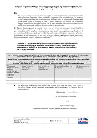 Ενίσχυση Τουριστικών ΜΜΕ για τον εκσυγχρονισμό τους και την ποιοτική αναβάθμιση των
παρεχομένων υπηρεσιών
Πρόσκληση: Ο.Ι.1_ΚΕ_1
Έκδοση: 6η
Ημερ/νια: 08.08.2017
Σελίδα 10 από 22
Β.4:
 Το ύψος των ενισχύσεων που έχει συμπεριληφθεί σε επενδυτική πρόταση, η οποία έχει υποβληθεί
από την αιτούσα επιχείρηση καθώς και από τις επιχειρήσεις που λειτουργούν μαζί με αυτήν ως
ενιαία επιχείρηση (στην έννοια περιλαμβάνονται οι συνδεδεμένες με την αιτούσα επιχειρήσεις) και
βρίσκεται σε στάδιο αξιολόγησης ή ένταξης, βάσει καθεστώτος de minimis για οποιαδήποτε
δαπάνη ή οιουδήποτε άλλου καθεστώτος για τις ίδιες επιλέξιμες δαπάνες (πρόγραμμα, φορέας
επιδότησης, ημερομηνία υποβολής αίτησης, αιτούμενη επιχορήγηση).
Στη δήλωση θα αναφέρονται τα στοιχεία για το ύψος των ενισχύσεων που έχουν συμπεριληφθεί σε
επενδυτική πρόταση, η οποία έχει υποβληθεί από την αιτούσα επιχείρηση, καθώς και από τις επιχειρήσεις
που λειτουργούν μαζί με αυτήν ως ενιαία επιχείρηση (στην έννοια περιλαμβάνονται οι συνδεδεμένες με
την αιτούσα επιχειρήσεις) και βρίσκεται σε στάδιο αξιολόγησης ή ένταξης, βάσει καθεστώτος de minimis
ή οιουδήποτε άλλου καθεστώτος για τις ίδιες επιλέξιμες δαπάνες (πρόγραμμα, φορέας επιδότησης,
ημερομηνία υποβολής αίτησης, αιτούμενη επιχορήγηση).
Πίνακας 7: Πίνακας αιτούμενων επιχορηγήσεων που βρίσκονται σε
στάδιο αξιολόγησης ή ένταξης βάσει καθεστώτος de minimis για
οποιαδήποτε δαπάνη ή οιουδήποτε άλλου καθεστώτος για τις ίδιες
επιλέξιμες δαπάνες
ΑΙΤΟΥΜΕΝΕΣ ΕΝΙΣΧΥΣΕΙΣ που βρίσκονται σε στάδιο αξιολόγησης ή ένταξης βάσει καθεστώτος de minimis για
οποιαδήποτε δαπάνη ή οιουδήποτε άλλου καθεστώτος για τις ίδιες επιλέξιμες δαπάνες.
Στον Πίνακα συμπληρώνονται και οι αιτούμενες ενισχύσεις βάσει του προσωρινού καθεστώτος (2009/C83/01)
Αφορά στην επιχείρηση που υποβάλλει πρόταση (αιτούσα) καθώς και σε αυτές με την οποία η αιτούσα λειτουργεί
ως ενιαία επιχείρηση (στην έννοια περιλαμβάνονται οι συνδεδεμένες με την αιτούσα επιχειρήσεις).
Πρόγραμμα/
Μέτρο/ Δράση στο
οποίο/α η
επιχείρηση έχει
υποβάλλει πρόταση
και φορέας
χορήγησης
ενίσχυσης
Ημ/νία Υποβολής
επενδυτικής
πρότασης
Ποσό αιτούμενης
δημόσιας
χρηματοδότησης
Επωνυμία Δικαιούχου της
Ενίσχυσης.
ΑΦΜ Δικαιούχου της
Ενίσχυσης.
 Σε περίπτωση διαπίστωσης ανακριβειών στη δήλωσή μου μετά την ένταξη του έργου το
επενδυτικό σχέδιο θα απενταχθεί και θα κληθώ να επιστρέψω εντόκως τη ληφθείσα δημόσια
χρηματοδότηση.
Ημερομηνία: ……….20……
Για την επιχείρηση / Συνεργασία
-Ο-
Νόμιμος εκπρόσωπος
(σφραγίδα επιχείρησης, στοιχεία Νόμιμου εκπροσώπου, υπογραφή)
ΑΔΑ: 63ΝΧ465ΧΙ8-8ΟΧ
 