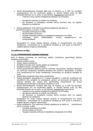 Αρ. Εντύπου: Ε.Ι.1_1/6 Σελίδα 31 από 35
 Αλλαγή δαπάνης/δαπανών συνολικής αξίας ίσης, ως ποσοστό, με το 20% του συνολικού
επιχορηγούμενου Π/Υ του επενδυτικού σχεδίου, με νέα/νέες δαπάνες εντός της ίδιας
Κατηγορίας δαπανών για τις οποίες, τις νέες δαπάνες, τεκμηριώνεται σωρευτικά ότι:
o υπακούουν στους κανόνες επιλεξιμότητας δαπανών της κατηγορίας
o εξυπηρετούν καλύτερα τις ανάγκες της επένδυσης
o δεν ξεπερνούν το εγκεκριμένο συνολικό κόστος (συνολική τιμή) των αρχικών
δαπανών που αλλάζονται.
 Αλλαγή εργαζόμενου. Στην περίπτωση αλλαγής εργαζόμενου θα πρέπει να
αποστέλλονται μαζί με το αίτημα, τα εξής:
o Αναγγελία πρόσληψης στον ΟΑΕΔ
o Φωτοαντίγραφο ταυτότητας
o Έγγραφο αναγγελίας απόλυσης ή οικειοθελούς αποχώρησης στον ΟΑΕΔ
o Απογραφικό Δελτίο Εισόδου/Εξόδου του/των εργαζόμενου/ων που
αντικαταστάθηκαν.
Διευκρινίζεται ότι τέτοιες αλλαγές δαπανών μπορούν να ενσωματώνονται στο αίτημα
επαλήθευσης / πιστοποίησης και να εξετάζονται απευθείας με αυτό χωρίς να απαιτείται η
υποβολή σχετικού αιτήματος τροποποίησης.
αντικαθίσταται ως εξής:
Ι.1.12.2 ΤΡΟΠΟΠΟΙΗΣΕΙΣ ΗΣΣΟΝΟΣ ΣΗΜΑΣΙΑΣ
Κατά τη διάρκεια υλοποίησης του επενδυτικού σχεδίου, επιτρέπονται τροποποιήσεις ήσσονος
σημασίας ως ακολούθως :
 Αλλαγή υπεύθυνου έργου.
 Αλλαγή νομίμου εκπροσώπου.
 Μεταβολή επωνυμίας ή/και νομικής μορφής της επιχείρησης.
 Μεταβολή εταιρικής / μετοχικής σύνθεσης.
 Αλλαγή χρηματοδοτικού σχήματος μόνο σε περίπτωση ενσωμάτωσης τραπεζικού δανεισμού
(σε περίπτωση κατάργησης τραπεζικού δανεισμού δεν απαιτείται τροποποίηση. Η αλλαγή
αυτή ενσωματώνεται στο αίτημα επαλήθευσης/ πιστοποίησης και εξετάζεται απευθείας σε
αυτό).
 Αλλαγή έδρας επιχείρησης ή/και τόπου εγκατάστασης.
 Αλλαγή προμηθευτή. Διευκρινίζεται ότι η αλλαγή προμηθευτή, η οποία δεν συνοδεύεται από
οποιαδήποτε άλλη μεταβολή του εγκεκριμένου φυσικού και οικονομικού αντικειμένου της
εκάστοτε δαπάνης, δεν συνιστά αιτία τροποποίησης, ενσωματώνεται στο αίτημα
επαλήθευσης/πιστοποίησης και εξετάζεται απευθείας με αυτό.
 Αλλαγή δαπάνης/δαπανών συνολικής αξίας ίσης, ως ποσοστό, με το 20% του συνολικού
επιχορηγούμενου Π/Υ του επενδυτικού σχεδίου, με νέα/νέες δαπάνες εντός της ίδιας
Κατηγορίας δαπανών για τις οποίες, τις νέες δαπάνες, τεκμηριώνεται σωρευτικά ότι:
o υπακούουν στους κανόνες επιλεξιμότητας δαπανών της κατηγορίας
o εξυπηρετούν καλύτερα τις ανάγκες της επένδυσης
o δεν ξεπερνούν το εγκεκριμένο συνολικό κόστος (συνολική τιμή) των αρχικών
δαπανών που αλλάζονται.
Διευκρινίζεται ότι τέτοιες αλλαγές δαπανών μπορούν να ενσωματώνονται στο αίτημα
επαλήθευσης / πιστοποίησης και να εξετάζονται απευθείας με αυτό χωρίς να απαιτείται η
υποβολή σχετικού αιτήματος τροποποίησης.
 Αλλαγή εργαζόμενου. Στην περίπτωση αλλαγής εργαζόμενου θα πρέπει να αποστέλλονται
μαζί με το αίτημα, τα εξής:
o Αναγγελία πρόσληψης στον ΟΑΕΔ
o Φωτοαντίγραφο ταυτότητας
o Έγγραφο αναγγελίας απόλυσης ή οικειοθελούς αποχώρησης στον ΟΑΕΔ.
ΑΔΑ: 63ΝΧ465ΧΙ8-8ΟΧ
 