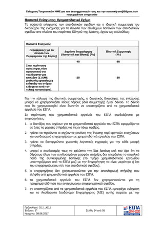 Ενίσχυση Τουριστικών ΜΜΕ για τον εκσυγχρονισμό τους και την ποιοτική αναβάθμιση των
παρεχομένων υπηρεσιών
Πρόσκληση: Ο.Ι.1_ΚΕ_1
Έκδοση: 6η
Ημερ/νια: 08.08.2017
Σελίδα 24 από 56
Ποσοστά Ενίσχυσης- Χρηματοδοτικό Σχήμα
Τα ποσοστά ενίσχυσης των επενδυτικών σχεδίων και η ιδιωτική συμμετοχή του
δικαιούχου της ενίσχυσης για το σύνολο των επιλέξιμων δαπανών των επενδυτικών
σχεδίων στο πλαίσιο του παρόντος Οδηγού της Δράσης, έχουν ως ακολούθως:
Ποσοστά Ενίσχυσης
Περιφέρειες (για το
σύνολο των
Περιφερειών της Χώρας)
Δημόσια Επιχορήγηση
(Κοινοτική και Εθνική) (%)
Ιδιωτική Συμμετοχή
(%)
40 60
Στην περίπτωση
πρόσληψης νέου
προσωπικού για
τουλάχιστον μια
επιπλέον (1) ΕΜΕ
μισθωτής εργασίας (η
επίτευξη του στόχου
ελέγχεται κατά την
τελική πιστοποίηση).
50 50
Για την κάλυψη της ιδιωτικής συμμετοχής, ο δυνητικός δικαιούχος της ενίσχυσης
μπορεί να χρησιμοποιήσει ιδίους πόρους (ίδια συμμετοχή) ή/και δάνειο. Το δάνειο
που θα χρησιμοποιηθεί είναι δυνατόν να υποστηρίζεται από τα χρηματοδοτικά
εργαλεία του ΕΣΠΑ.
Σε περίπτωση που χρηματοδοτικά εργαλεία του ΕΣΠΑ συνδυάζονται με
επιχορηγήσεις:
1. οι διατάξεις που ισχύουν για τα χρηματοδοτικά εργαλεία του ΕΣΠΑ εφαρμόζονται
σε όλες τις μορφές στήριξης για τις εν λόγω πράξεις.
2. πρέπει να τηρούνται οι ισχύοντες κανόνες της Ένωσης περί κρατικών ενισχύσεων
και συνδυασμού επιχορηγήσεων με χρηματοδοτικά εργαλεία του ΕΣΠΑ.
3. πρέπει να διενεργούνται χωριστές λογιστικές εγγραφές για την κάθε μορφή
στήριξης.
4. μπορεί ο συνδυασμός τους να καλύπτει την ίδια δαπάνη υπό τον όρο ότι το
άθροισμα όλων των συνδυασμένων μορφών στήριξης δεν υπερβαίνει το συνολικό
ποσό της συγκεκριμένης δαπάνης (το τμήμα χρηματοδοτικού εργαλείου
υποστηριζόμενο από το ΕΣΠΑ μαζί με την Επιχορήγηση να είναι μικρότερο ή ίσο
του επιχορηγούμενου π/υ του επενδυτικού σχεδίου).
5. οι επιχορηγήσεις δεν χρησιμοποιούνται για την αποπληρωμή στήριξης που
ελήφθη από χρηματοδοτικά εργαλεία του ΕΣΠΑ.
6. τα χρηματοδοτικά εργαλεία του ΕΣΠΑ δεν χρησιμοποιούνται για τη
προχρηματοδότηση του ενισχυόμενου επιχειρηματικού σχεδίου.
7. αν υποστηρίζεται από τα χρηματοδοτικά εργαλεία του ΕΣΠΑ εμπεριέχει ενίσχυση
και το Ακαθάριστο Ισοδύναμο Επιχορήγησης (ΑΙΕ) αυτής σωρεύει με την
ΑΔΑ: 63ΝΧ465ΧΙ8-8ΟΧ
 