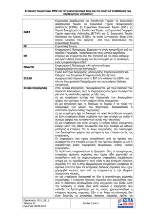 Ενίσχυση Τουριστικών ΜΜΕ για τον εκσυγχρονισμό τους και την ποιοτική αναβάθμιση των
παρεχομένων υπηρεσιών
Πρόσκληση: Ο.Ι.1_ΚΕ_1
Έκδοση: 6η
Ημερ/νια: 08.08.2017
Σελίδα 2 από 4
ΕΔΕΤ
Ευρωπαϊκά Διαρθρωτικά και Επενδυτικά Ταμεία: τα Ευρωπαϊκά
Διαρθρωτικά Ταμεία: α) Ευρωπαϊκό Ταμείο Περιφερειακής
Ανάπτυξης (ΕΤΠΑ), β) Ευρωπαϊκό Κοινωνικό Ταμείο (ΕΚΤ), γ)
Ταμείο Συνοχής και τα Επενδυτικά Ταμεία: α) Ευρωπαϊκό Γεωργικό
Ταμείο Αγροτικής Ανάπτυξης (ΕΓΤΑΑ) και β) Ευρωπαϊκό Ταμείο
Θάλασσας και Αλιείας (ΕΤΘΑ), τα οποία λειτουργούν βάσει ενός
κοινού πλαισίου που ορίζεται από τους κανονισμούς της
Ευρωπαϊκής Ένωσης.
ΕΕ Ευρωπαϊκή Ένωση
ΕΠ
Επιχειρησιακό Πρόγραμμα: Έγγραφο το οποίο καταρτίζεται από τα
αρμόδια Υπουργεία, Περιφέρειες και τους λοιπούς αρμόδιους
εταίρους και εγκρίνεται από την Επιτροπή και το οποίο καθορίζει
µία αναπτυξιακή στρατηγική που θα επιτευχθεί µε τη συνδρομή
ενός ή περισσοτέρων ΕΔΕΤ.
ΕΠΑνΕΚ
Επιχειρησιακό Πρόγραμμα «Ανταγωνιστικότητα,
Επιχειρηματικότητα και Καινοτομία»
ΕΣΔΕΚ
Ενιαίο Σύστημα Διαχείρισης, Αξιολόγησης, Παρακολούθησης και
Ελέγχου των Ενεργειών Επαγγελματικής Κατάρτισης
συγχρηματοδοτούμενων από το ΕΚΤ στο πλαίσιο του ΕΣΠΑ για
όλα τα Επιχειρησιακά Προγράμματα που εμπεριέχουν δράσεις
κατάρτισης.
Ενιαία Επιχείρηση Στην «ενιαία επιχείρηση» περιλαμβάνονται, για τους σκοπούς του
παρόντος κανονισμού, όλες οι επιχειρήσεις που έχουν τουλάχιστον
μία από τις ακόλουθες σχέσεις μεταξύ τους:
α) μια επιχείρηση κατέχει την πλειοψηφία των δικαιωμάτων
ψήφου των μετόχων ή των εταίρων άλλης επιχείρησης·
β) μια επιχείρηση έχει το δικαίωμα να διορίζει ή να παύει την
πλειοψηφία των μελών του διοικητικού, διαχειριστικού ή
εποπτικού οργάνου άλλης επιχείρησης·
γ) μια επιχείρηση έχει το δικαίωμα να ασκεί δεσπόζουσα επιρροή
σε άλλη επιχείρηση βάσει σύμβασης που έχει συνάψει με αυτήν ή
δυνάμει ρήτρας του καταστατικού αυτής της τελευταίας·
δ) μια επιχείρηση που είναι μέτοχος ή εταίρος άλλης επιχείρησης
ελέγχει μόνη της, βάσει συμφωνίας που έχει συνάψει με άλλους
μετόχους ή εταίρους της εν λόγω επιχείρησης, την πλειοψηφία
των δικαιωμάτων ψήφου των μετόχων ή των εταίρων αυτής της
επιχείρησης.
Οι επιχειρήσεις που έχουν οποιαδήποτε από τις σχέσεις που
αναφέρονται στα στοιχεία α) έως δ) του πρώτου εδαφίου με μία ή
περισσότερες άλλες επιχειρήσεις θεωρούνται, επίσης «ενιαία
επιχείρηση».
Σε περίπτωση συγχωνεύσεων ή εξαγορών, όλες οι προηγούμενες
ενισχύσεις ήσσονος σημασίας που έχουν ήδη χορηγηθεί σε
οποιαδήποτε από τις συγχωνευόμενες επιχειρήσεις λαμβάνονται
υπόψη για να προσδιοριστεί κατά πόσο η νέα ενίσχυση ήσσονος
σημασίας στη νέα ή στην εξαγοράζουσα επιχείρηση υπερβαίνει το
σχετικό ανώτατο όριο. Οι ενισχύσεις ήσσονος σημασίας που είχαν
χορηγηθεί νομίμως πριν από τη συγχώνευση ή την εξαγορά
παραμένουν νόμιμες.
Αν μια επιχείρηση διασπαστεί σε δύο ή περισσότερες χωριστές
επιχειρήσεις, η ενίσχυση ήσσονος σημασίας που χορηγήθηκε πριν
από τη διάσπαση καταλογίζεται στην επιχείρηση που έλαβε αυτή
την ενίσχυση, η οποία είναι κατά κανόνα η επιχείρηση που
ανέλαβε τις δραστηριότητες για τις οποίες χρησιμοποιήθηκε η
ενίσχυση ήσσονος σημασίας. Εάν ο εν λόγω καταλογισμός δεν
είναι δυνατός, οι ενισχύσεις ήσσονος σημασίας πρέπει να
ΑΔΑ: 63ΝΧ465ΧΙ8-8ΟΧ
 