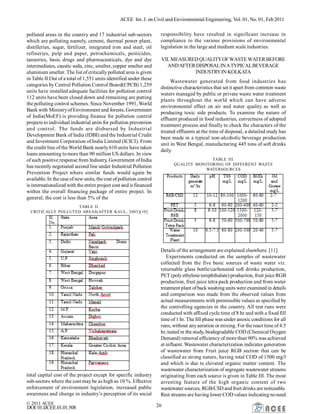 ACEE Int. J. on Civil and Environmental Engineering, Vol. 01, No. 01, Feb2011
© 2011 ACEE 26DOI:01.IJCEE.01.01.508
polluted areas in the country and 17 industrial sub-sectors
which are polluting namely, cement, thermal power plant,
distilleries, sugar, fertilizer, integrated iron and steel, oil
refineries, pulp and paper, petrochemicals, pesticides,
tanneries, basic drugs and pharmaceuticals, dye and dye
intermediates, caustic soda, zinc, smelter, copper smelter and
aluminum smelter. The list of criticallypolluted area is given
in Table II.Out of a total of 1,551 units identified under these
categories by Central Pollution Control Board(CPCB) 1,259
units have installed adequate facilities for pollution control
112 units have been closed down and remaining are putting
the polluting control schemes. Since November 1991, World
Bank with MinistryofEnvironment and forests, Government
of India(MoEF) is providing finance for pollution control
projects to individual industrial units for pollution prevention
and control. The funds are disbursed by Industrial
Development Bank of India (IDBI) and the Industrial Credit
and Investment Corporation of India Limited (ICICI). From
the credit line ofthe World Bank nearly610 units have taken
loans amounting tomore than 90 million US dollars. In view
ofsuch positive response from Industry, Government ofIndia
has recently negotiated second line under Industrial Pollution
Prevention Project where similar funds would again be
available. In the case ofnew units, the cost of pollution control
is internationalized with the entire project cost and is financed
within the overall financing package of entire project. In
general, the cost is less than 5% of the
TABLE II.
CRITICALLY POLLUTED AREAS(AFTER KAUL, 2005)[10]
total capital cost of the project except for specific industry
sub-sectors where the cost maybe as high as 10 %. Effective
enforcement of environment legislation, increased public
awareness and change in industry’s perception of its social
responsibility have resulted in significant increase in
compliance to the various provisions of environmental
legislation in the large and medium scale industries.
VII. MEASURED QUALITYOFWASTE WATERBEFORE
ANDAFTERDISPOSALINATYPICALBEVERAGE
INDUSTRYIN KOLKATA
Wastewater generated from food industries has
distinctive characteristics that set it apart from common waste
waters managed by public or private waste water treatment
plants throughout the world which can have adverse
environmental effect on air and water quality as well as
producing toxic side products. To examine the nature of
effluent produced in food industries, correctness of adopted
treatment process and finally to check the characters of the
treated effluents at the time of disposal, a detailed study has
been made in a typical non-alcoholic beverage production
unit in West Bengal, manufacturing 445 tons of soft drinks
daily.
TABLE III.
QUALITY MONITORING OF DIFFERENT WASTE
WATERSOURCES
Details of the arrangement are explained elsewhere. [11]
Experiments conducted on the samples of wastewater
collected from the five basic sources of waste water viz.
returnable glass bottle/carbonated soft drinks production,
PET (polyethylene terephthalate) production, fruit juice RGB
production, fruit juice tetra pack production and from water
treatment plant ofback washingunits were examined in details
and comparison was made from the observed values from
actual measurements with permissible values as specified by
the controlling agencies in the country. All test runs were
conducted with affixed cycle time of8 hr and with a fixed fill
time of1 hr. The fill phase was under anoxic conditions for all
runs, without anyaeration or mixing. For the react time of4.5
hr, tested in the study, biodegradable COD (Chemical Oxygen
Demand) removal efficiency of more than 90% was achieved
at influent. Wastewater characterization indicates generation
of wastewater from Fruit juice RGB section that can be
classified as strong nature, having total COD of 1500 mg/l
and which is due to elevated organic matter content. The
wastewater characterization of segregate wastewater streams
originating from each source is given in Table III. The most
arresting feature of the high organic content of two
wastewater sources, RGB/CSD andfruit drinks are noticeable.
Rest streams are having lower COD values indicating noneed
 