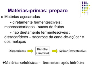 Matérias-primas: preparo
 Matérias açucaradas
- diretamente fermentescíveis:
monossacarídeos - sucos de frutas
- não diretamente fermentescíveis :
dissacarídeos – sacarose da cana-de-açúcar e
dos melaços
Dissacarídeos
Hidrólise
(inversão)
Açúcar fermentescível
Matérias celulósicas - fermentam após hidrólise
 