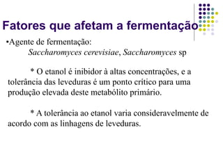 Fatores que afetam a fermentação
* O etanol é inibidor à altas concentrações, e a
tolerância das leveduras é um ponto crítico para uma
produção elevada deste metabólito primário.
* A tolerância ao etanol varia consideravelmente de
acordo com as linhagens de leveduras.
•Agente de fermentação:
Saccharomyces cerevisiae, Saccharomyces sp
 