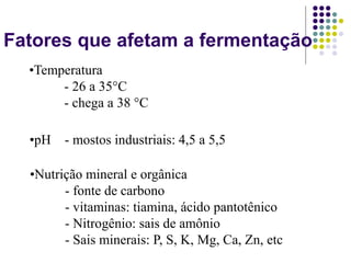 Fatores que afetam a fermentação
•Nutrição mineral e orgânica
- fonte de carbono
- vitaminas: tiamina, ácido pantotênico
- Nitrogênio: sais de amônio
- Sais minerais: P, S, K, Mg, Ca, Zn, etc
•Temperatura
- 26 a 35°C
- chega a 38 °C
•pH - mostos industriais: 4,5 a 5,5
 