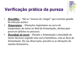 Verificação prática da pureza
• Drosófilas – São as “moscas do vinagre” que ocorrem quando
há infecção acética
• Temperatura – Alterações importantes na curva de
temperatura, do início ao final da fermentação, alertam para
possíveis defeitos no processo.
• Densidade do mosto – Durante a fermentação a densidade do
mosto decresce segundo uma curva harmônica, com as fases da
fermentação. De sua observação, percebe-se as alterações da
marcha fermetativa.
 