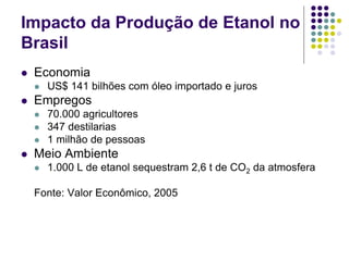 Impacto da Produção de Etanol no
Brasil
 Economia
 US$ 141 bilhões com óleo importado e juros
 Empregos
 70.000 agricultores
 347 destilarias
 1 milhão de pessoas
 Meio Ambiente
 1.000 L de etanol sequestram 2,6 t de CO2 da atmosfera
Fonte: Valor Econômico, 2005
 