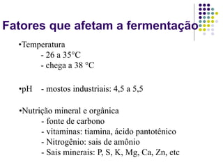 Fatores que afetam a fermentação
•Nutrição mineral e orgânica
- fonte de carbono
- vitaminas: tiamina, ácido pantotênico
- Nitrogênio: sais de amônio
- Sais minerais: P, S, K, Mg, Ca, Zn, etc
•Temperatura
- 26 a 35°C
- chega a 38 °C
•pH - mostos industriais: 4,5 a 5,5
 