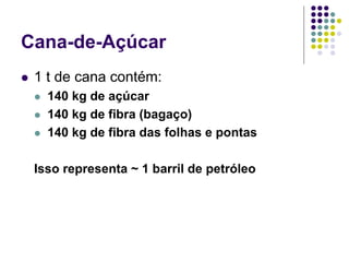 Cana-de-Açúcar
 1 t de cana contém:
 140 kg de açúcar
 140 kg de fibra (bagaço)
 140 kg de fibra das folhas e pontas
Isso representa ~ 1 barril de petróleo
 