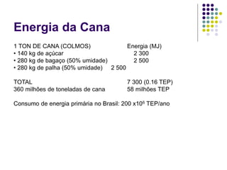 Energia da Cana
1 TON DE CANA (COLMOS) Energia (MJ)
• 140 kg de açúcar 2 300
• 280 kg de bagaço (50% umidade) 2 500
• 280 kg de palha (50% umidade) 2 500
TOTAL 7 300 (0.16 TEP)
360 milhões de toneladas de cana 58 milhões TEP
Consumo de energia primária no Brasil: 200 x106 TEP/ano
 
