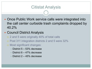 Citistat Analysis
 Once Public Work service calls were integrated into
the call center curbside trash complaints dropped by
40.2%
 Council District Analysis
 2 and 5 were originally 40% of total calls
 Post 311 integration districts 2 and 5 were 32%
 Most significant changes:
 District 5 – 53% decrease
 District 6 – 47% decrease
 District 2 – 45% decrease
 