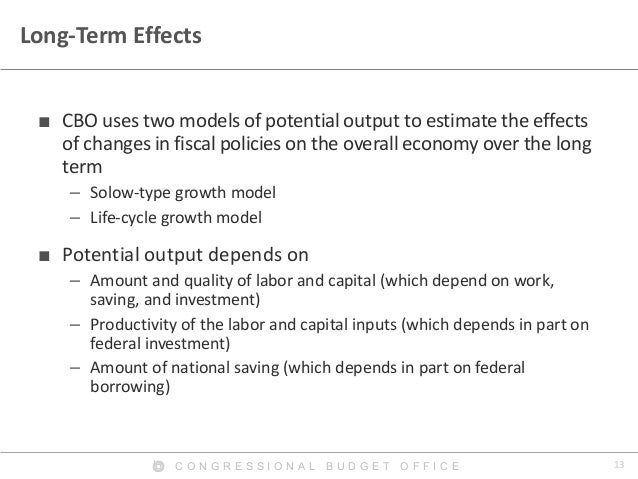 13C O N G R E S S I O N A L B U D G E T O F F I C E
Long-Term Effects
■ CBO uses two models of potential output to estimat...
