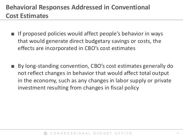 4C O N G R E S S I O N A L B U D G E T O F F I C E
Behavioral Responses Addressed in Conventional
Cost Estimates
■ If prop...
